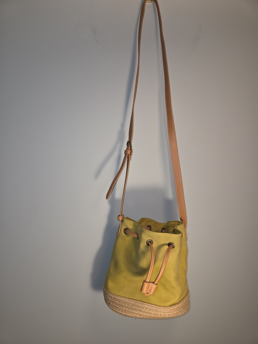 Universal Thread Olive Green Suede Drawstring Bucket Bag with Tan Strap